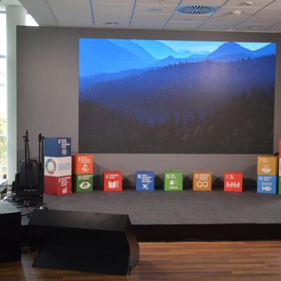 Bayerische Nachhaltigkeitstagung 2020: Online #bayernnachhaltig - jetzt erst recht!: Bühne mit Hintergrundbild und SDG-Würfeln im Hintergrund