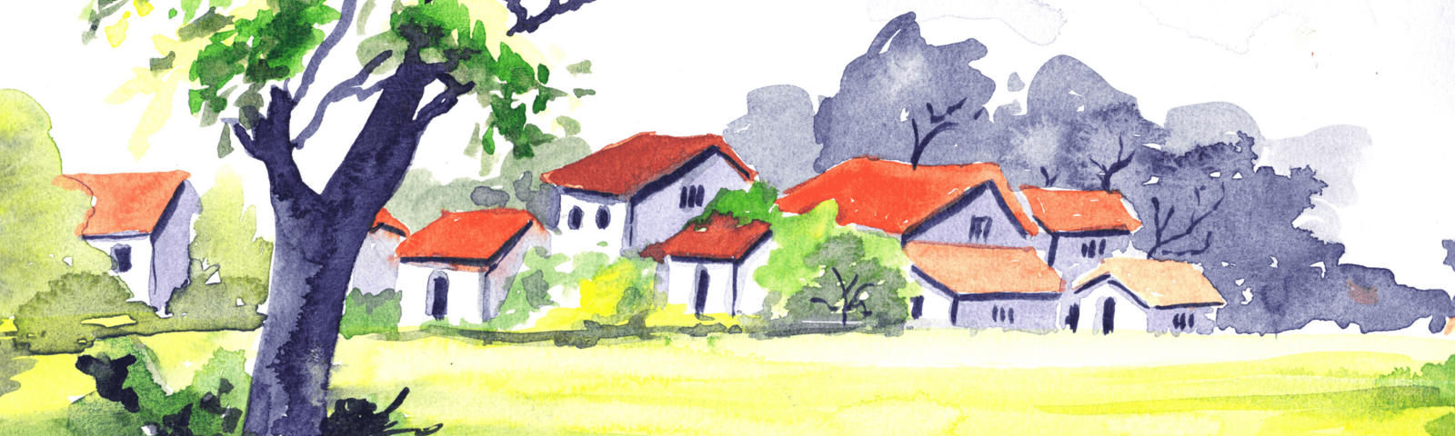 gemaltes Bild von Häusern in ländlicher Region