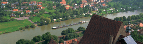 Landschaft mit einem großen Fluss im Zentrum, drum herum sind Grünflächen, kleinen Waldabschnitten und Häuser zu sehen